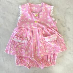 Vintage 90s Girls' Floral Daisy Pink Sleeveless Romper Dress / 24 Months / 2T 3T